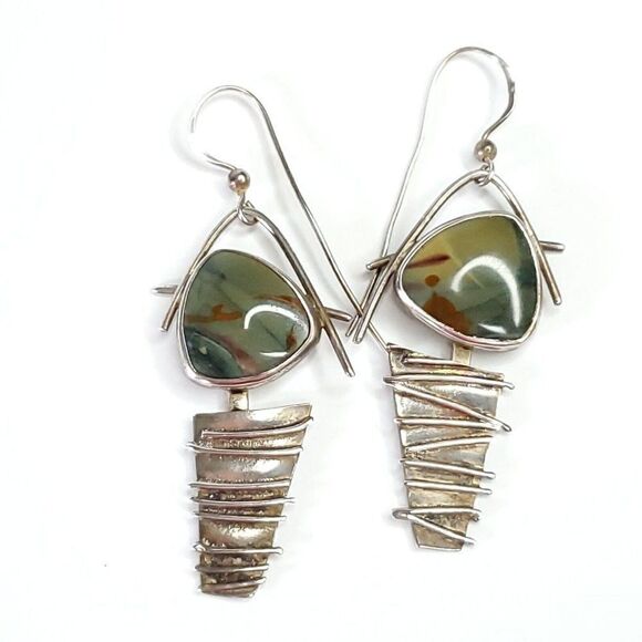 Artisan Sterling Silver Geometric Modernist Boho Earrings Green Brown Agate - Picture 1 of 5